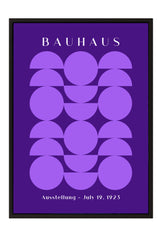 The image is a framed poster featuring a geometric design with circles and lines in shades of purple. The poster has a purple background and displays the text "BAHAU" at the top, "Aussstellung - July 19, 1923" at the bottom, and "Ausstellung" is written in a smaller font size.
