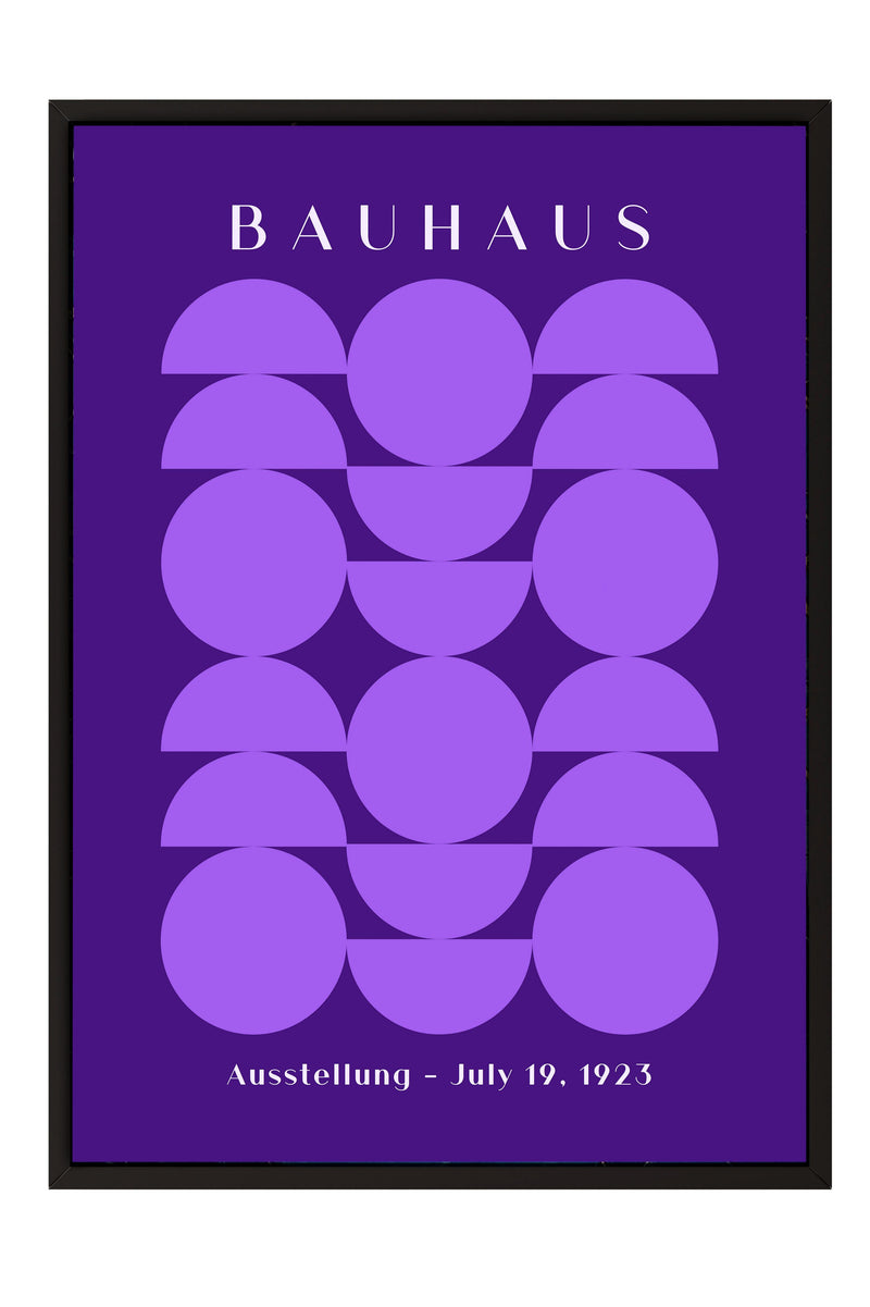 The image is a framed poster featuring a geometric design with circles and lines in shades of purple. The poster has a purple background and displays the text "BAHAU" at the top, "Aussstellung - July 19, 1923" at the bottom, and "Ausstellung" is written in a smaller font size.
