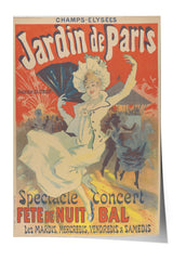 A vintage poster advertising a special event called "Jardin de Paris" featuring a woman in a white dress and hat dancing in front of fireworks.