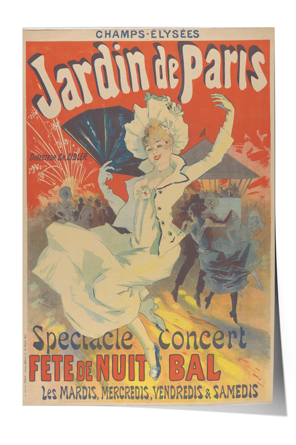 A vintage poster advertising a special event called "Jardin de Paris" featuring a woman in a white dress and hat dancing in front of fireworks.