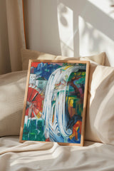 a vibrant abstract painting with bold colors and dynamic brushstrokes, displayed on a bed with a beige pillow.