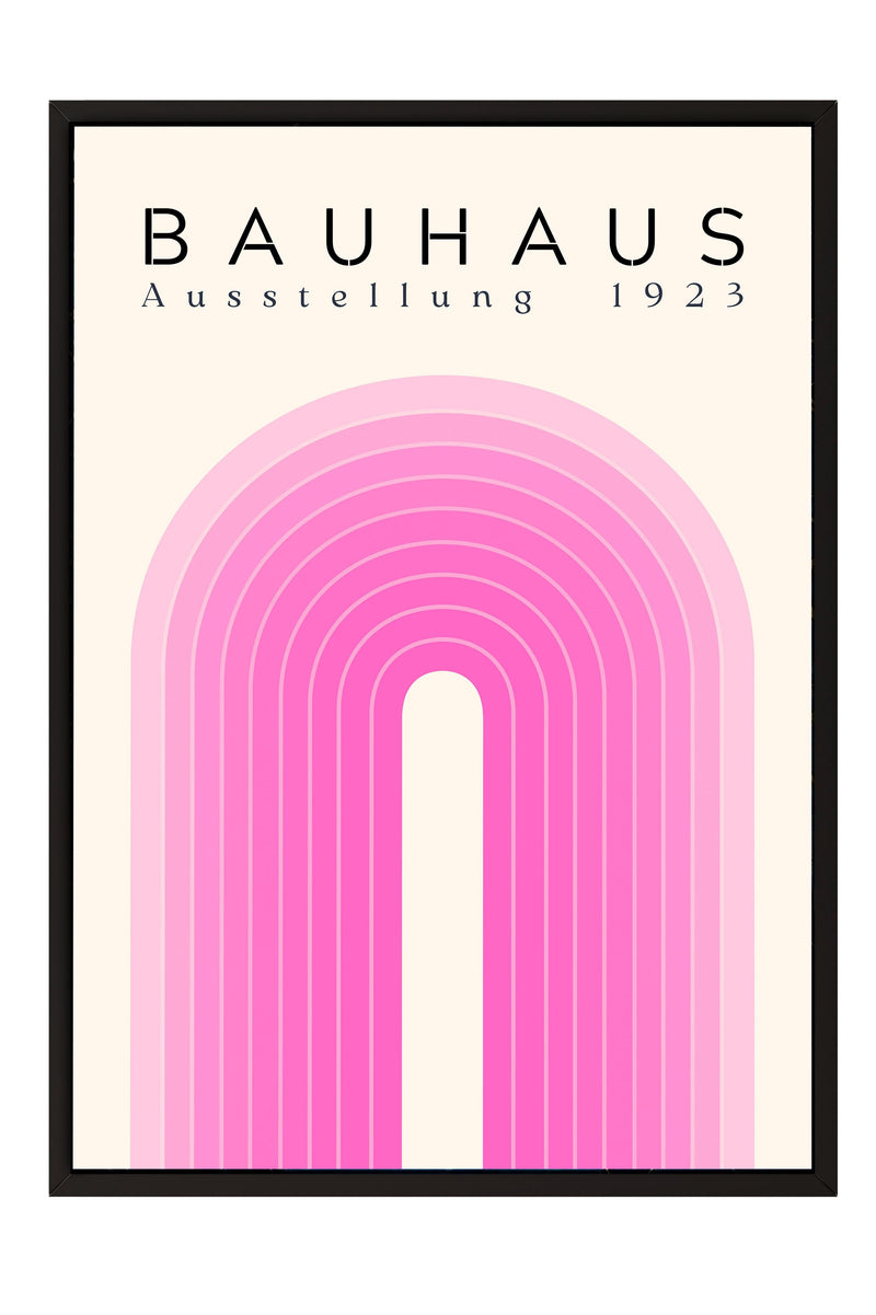 The image is a poster featuring the name "BAHAU" and the year "1923" in bold black text, along with a pink abstract design composed of curved lines.