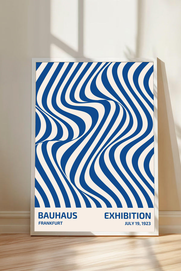 A poster for the Bauhaus exhibition in Frankfurt, Germany, featuring a repeating pattern of blue and white lines.