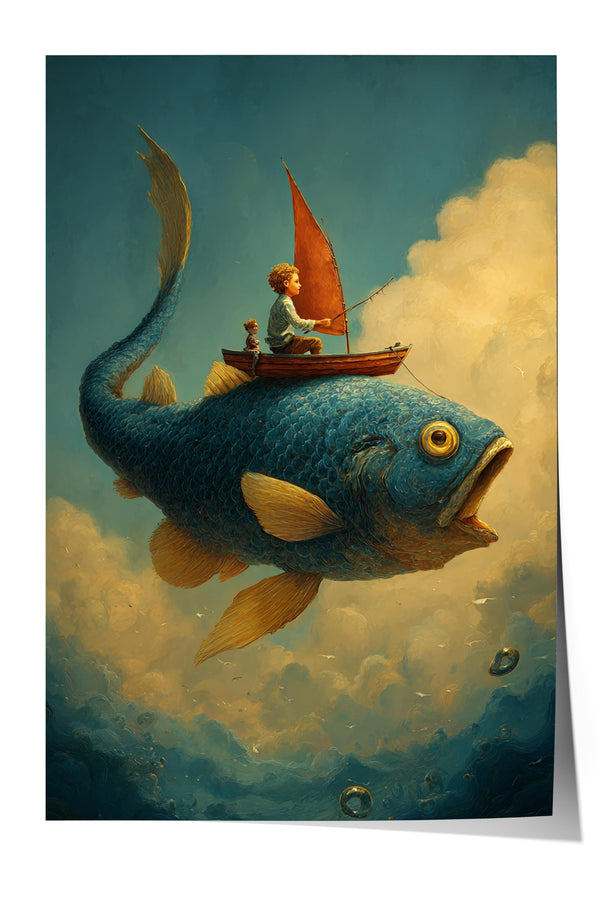 A young boy is riding on the back of a large, blue fish, which appears to be flying through the air. The boy is holding a fishing rod, suggesting he is fishing from the fish. The background features a cloudy sky, adding to the dreamlike atmosphere of the scene.