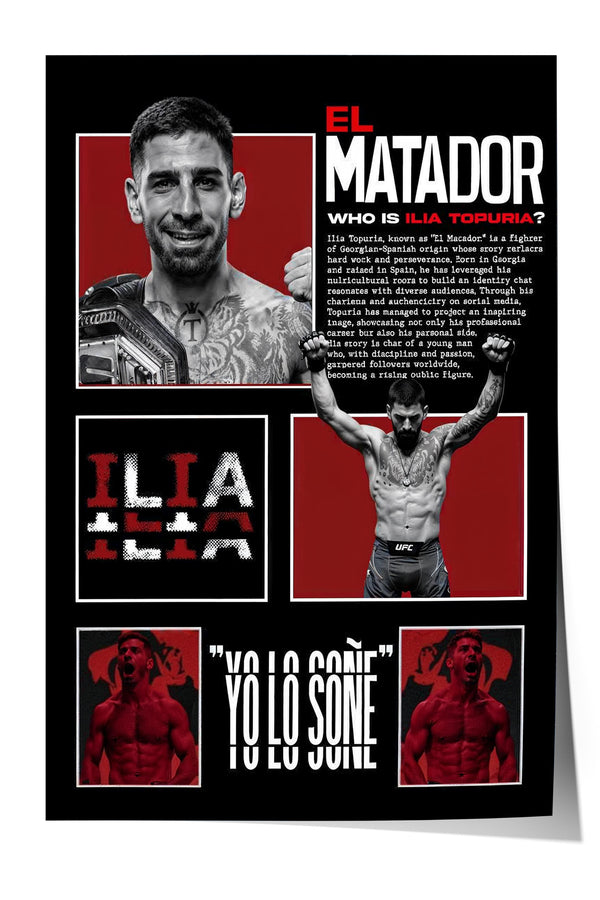 The image is a poster featuring a collage of images related to the fighter named El Matador. The poster includes images of El Matador in various poses, such as standing with his arms raised and another image of El Matador in a fighting stance. The poster also includes text that describes El Matador as a fighter known for his "Man on a Bike" style, and questions about his identity.