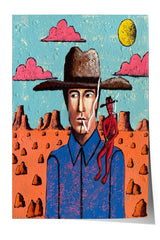 A man wearing a cowboy hat and blue shirt stands in a desert landscape, with a red figure of a man in the background.