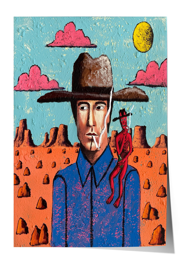 A man wearing a cowboy hat and blue shirt stands in a desert landscape, with a red figure of a man in the background.