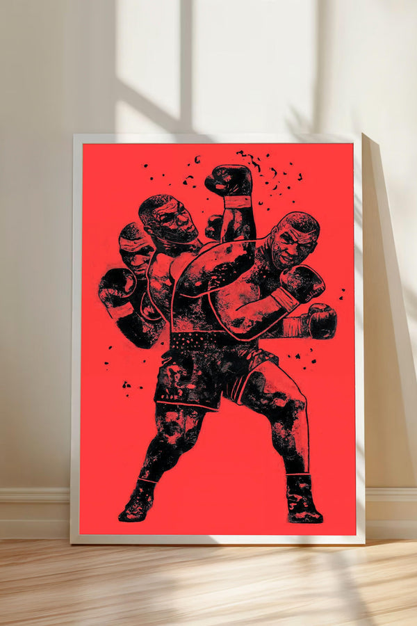 The image is a framed poster depicting a boxing scene with a red background and a black and white illustration of a boxer.