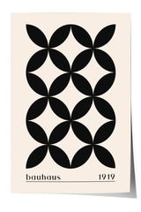 The image is a poster featuring a geometric design composed of black circles arranged in a repeating pattern.