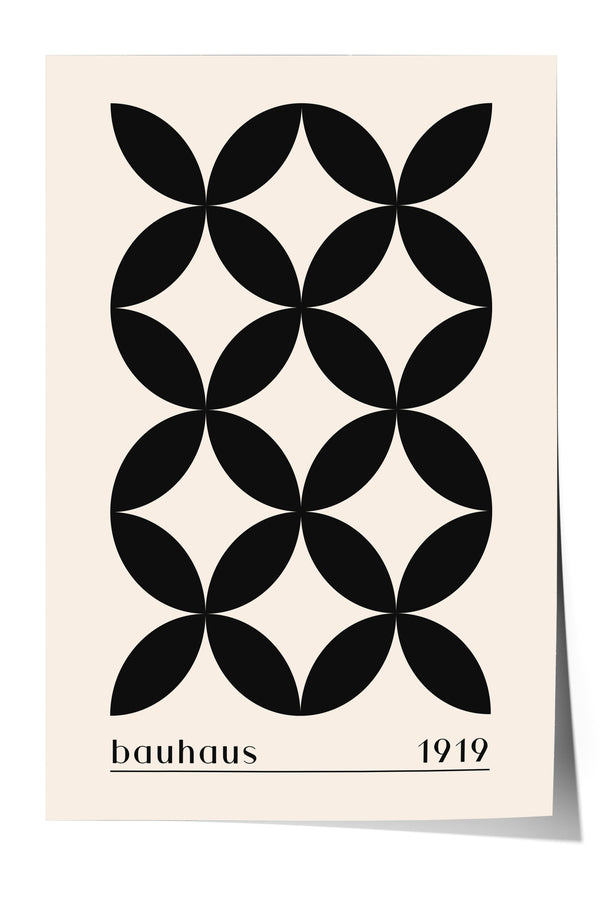 The image is a poster featuring a geometric design composed of black circles arranged in a repeating pattern.
