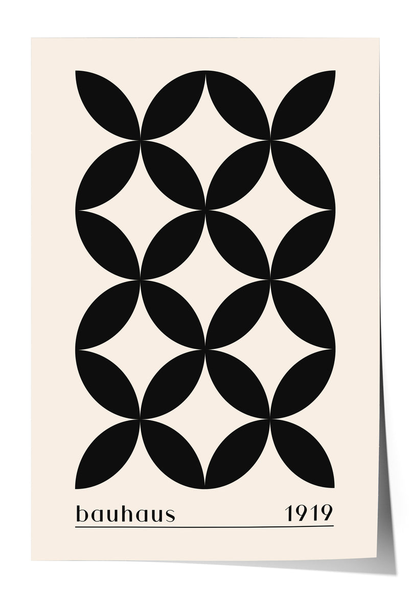 The image is a poster featuring a geometric design composed of black circles arranged in a repeating pattern.
