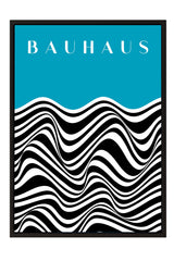 The image is a framed poster featuring a striking abstract design with a blue background and black and white wavy lines.