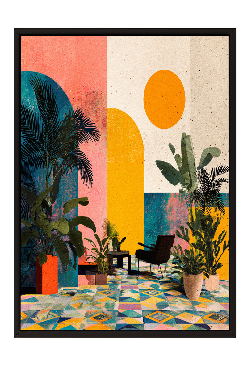 The image is a vibrant and colorful abstract painting featuring a tropical setting with palm trees, a chair, and a geometric patterned floor.