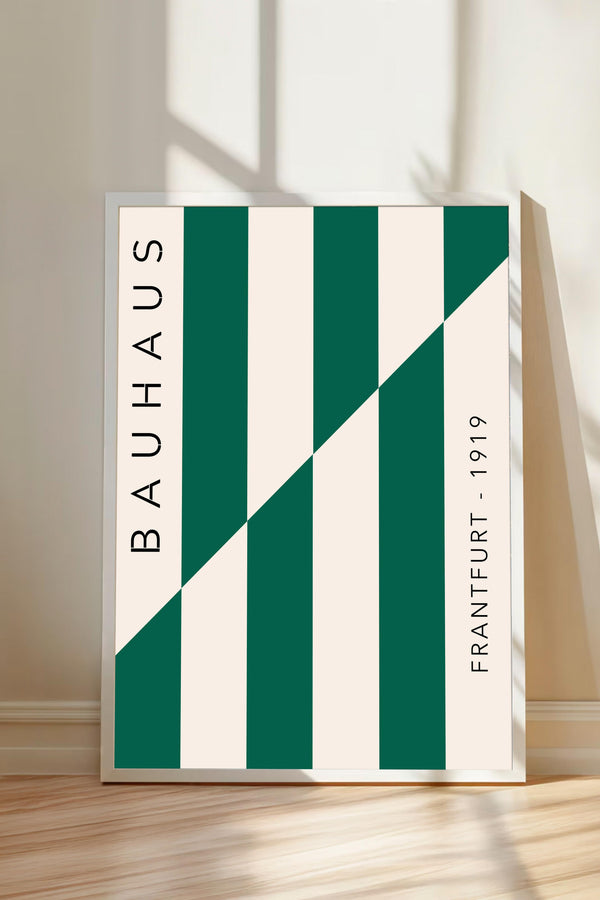 a minimalist poster with a geometric design of green and white stripes.
