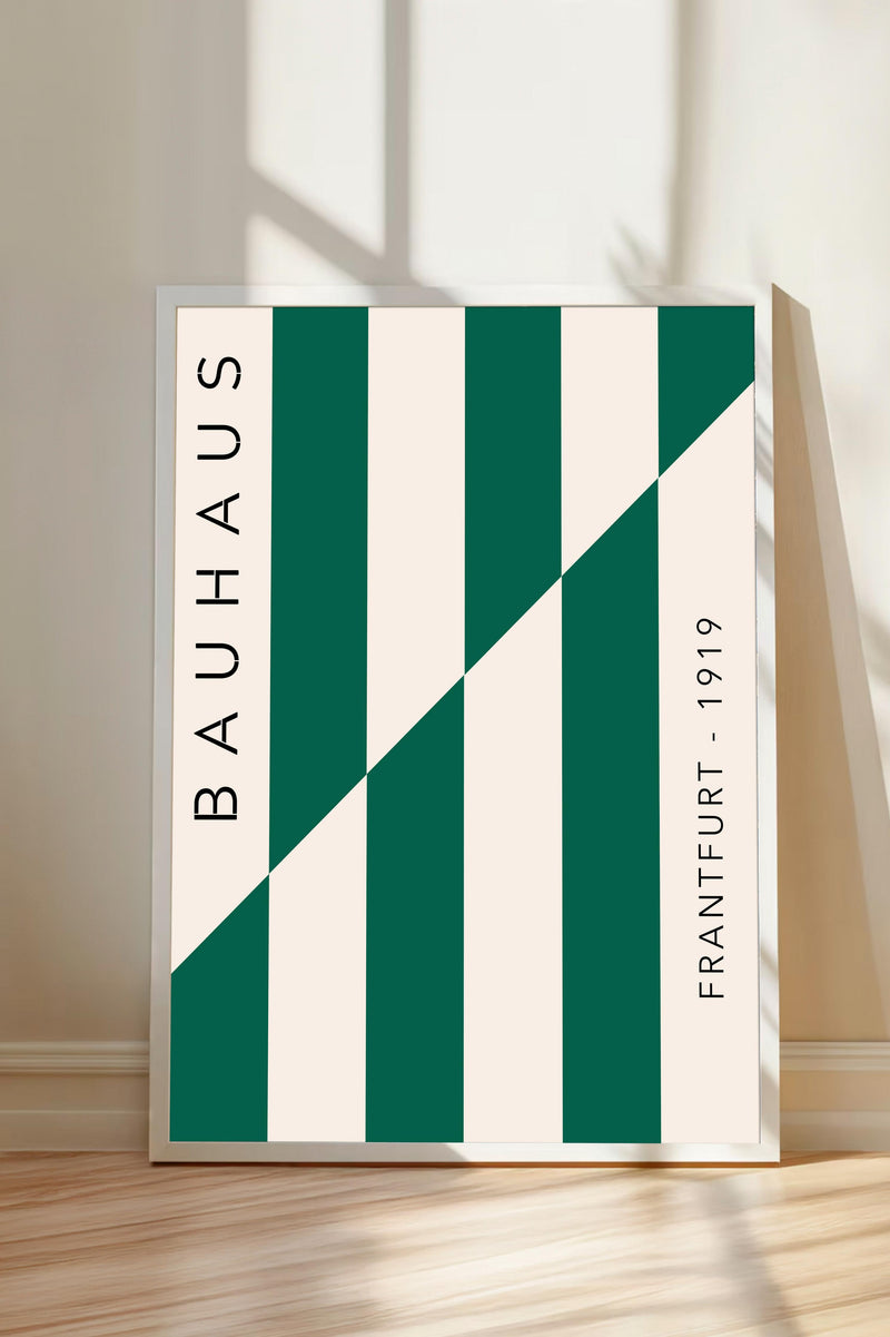 a minimalist poster with a geometric design of green and white stripes.