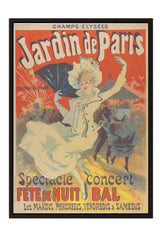 The image is a vintage poster advertising a special event called "Jardin de Paris" featuring a woman dancing in front of fireworks.