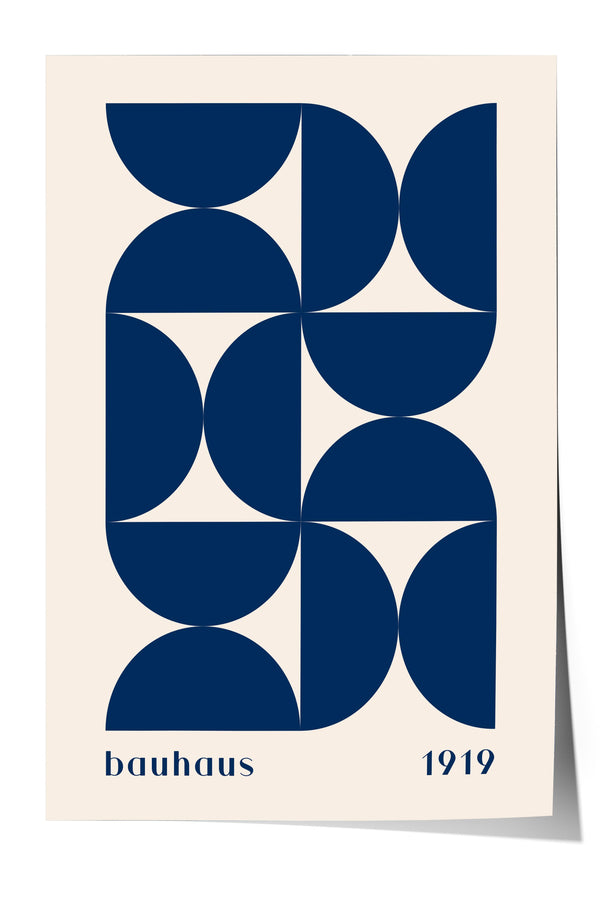 The image is a poster featuring a geometric design with blue circles and lines arranged in a repeating pattern. The text "bauhaus 1919" is displayed below the design.