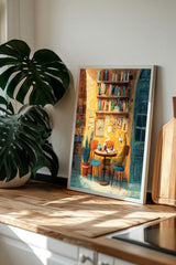 a framed painting depicting a cozy indoor scene with a table, chairs, and a bookshelf filled with books.