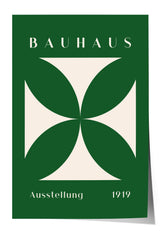 The image is a poster for the Bauhaus art school in 1919, featuring a stylized geometric design in shades of green and white.