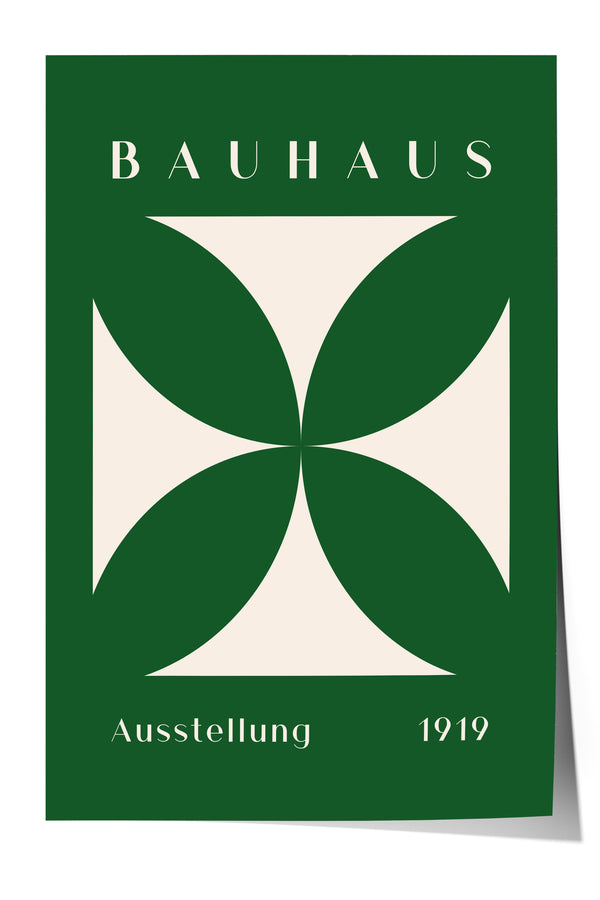 The image is a poster for the Bauhaus art school in 1919, featuring a stylized geometric design in shades of green and white.