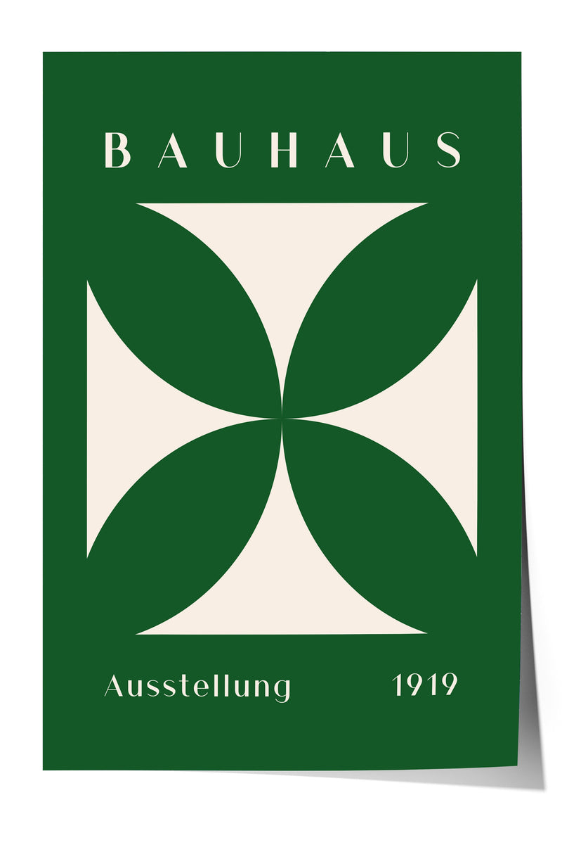 The image is a poster for the Bauhaus art school in 1919, featuring a stylized geometric design in shades of green and white.