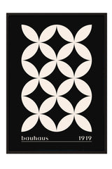 The image is a framed poster featuring a geometric design with a repeating pattern of white circles against a black background.