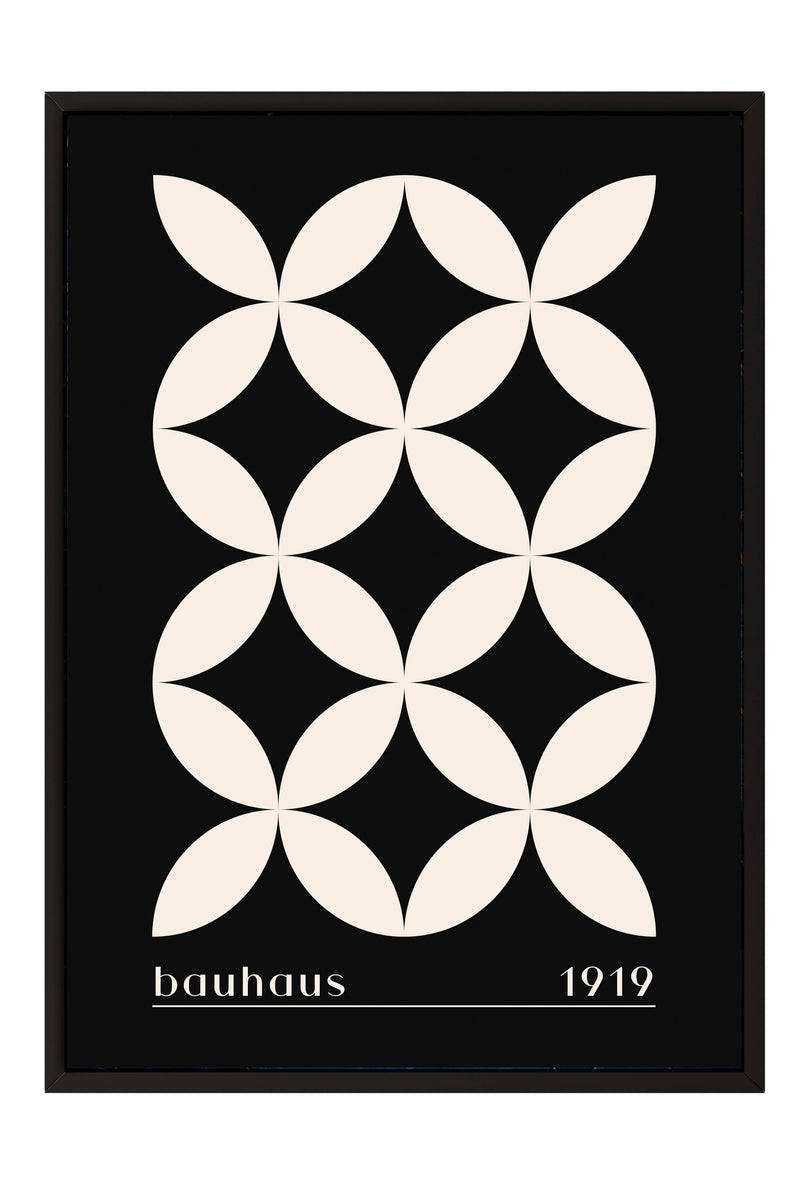 The image is a framed poster featuring a geometric design with a repeating pattern of white circles against a black background.