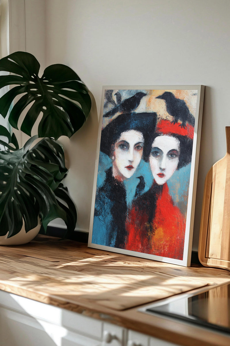 a framed painting of two women with distinct expressions, placed on a wooden surface next to a potted plant.