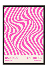 The image is a poster for the Bauhaus exhibition in Frankfurt, Germany, which took place from July 19, 1923. The poster features a striking abstract design with pink and white stripes arranged in a swirling pattern.