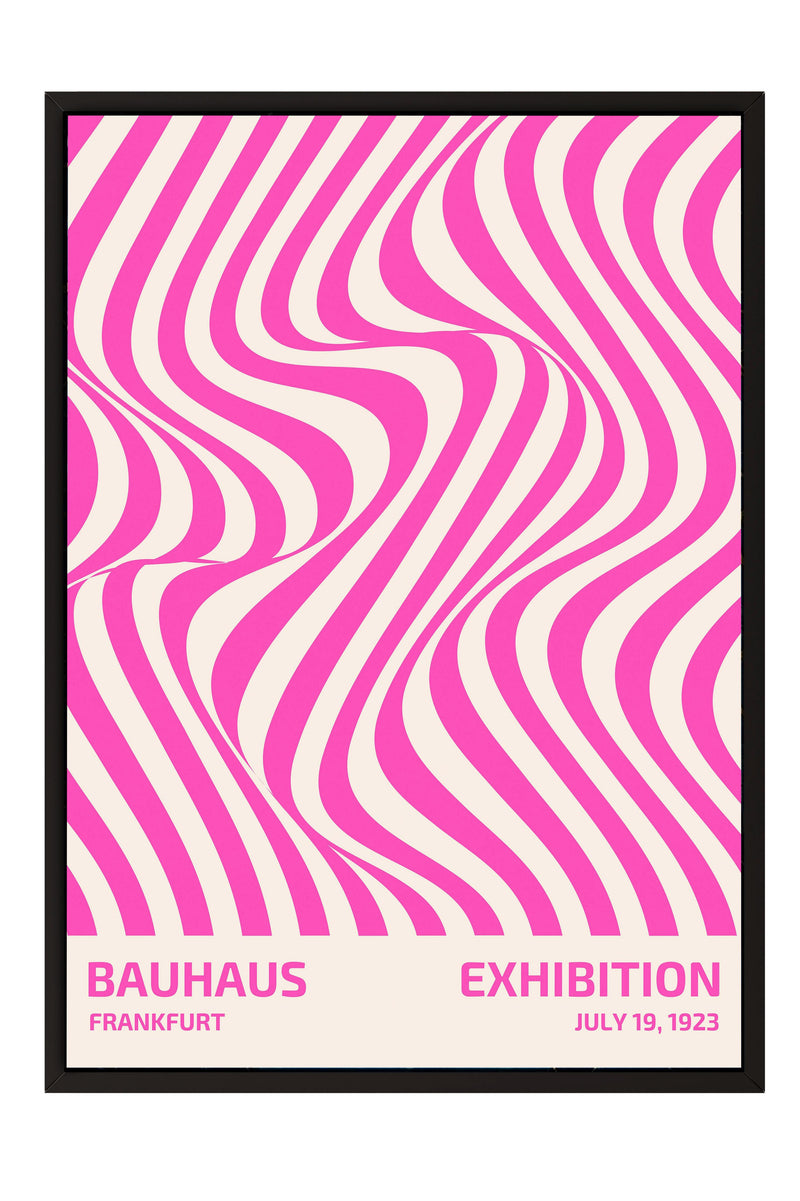 The image is a poster for the Bauhaus exhibition in Frankfurt, Germany, which took place from July 19, 1923. The poster features a striking abstract design with pink and white stripes arranged in a swirling pattern.