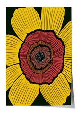 The image is a vibrant illustration of a large yellow flower with a red center, set against a dark green background.