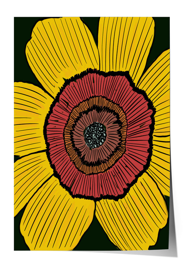 The image is a vibrant illustration of a large yellow flower with a red center, set against a dark green background.