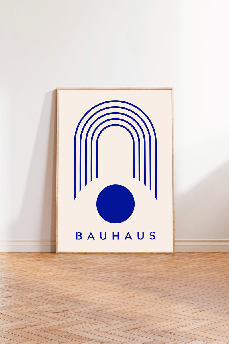 a minimalist poster with a large blue circle and a series of blue lines forming an arch-like shape. The word "BAHAU" is written in bold blue letters below the arch.