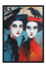 The image is a framed painting depicting two women with distinct hairstyles, one wearing a red hat and the other a black hat, against a colorful background with birds.
