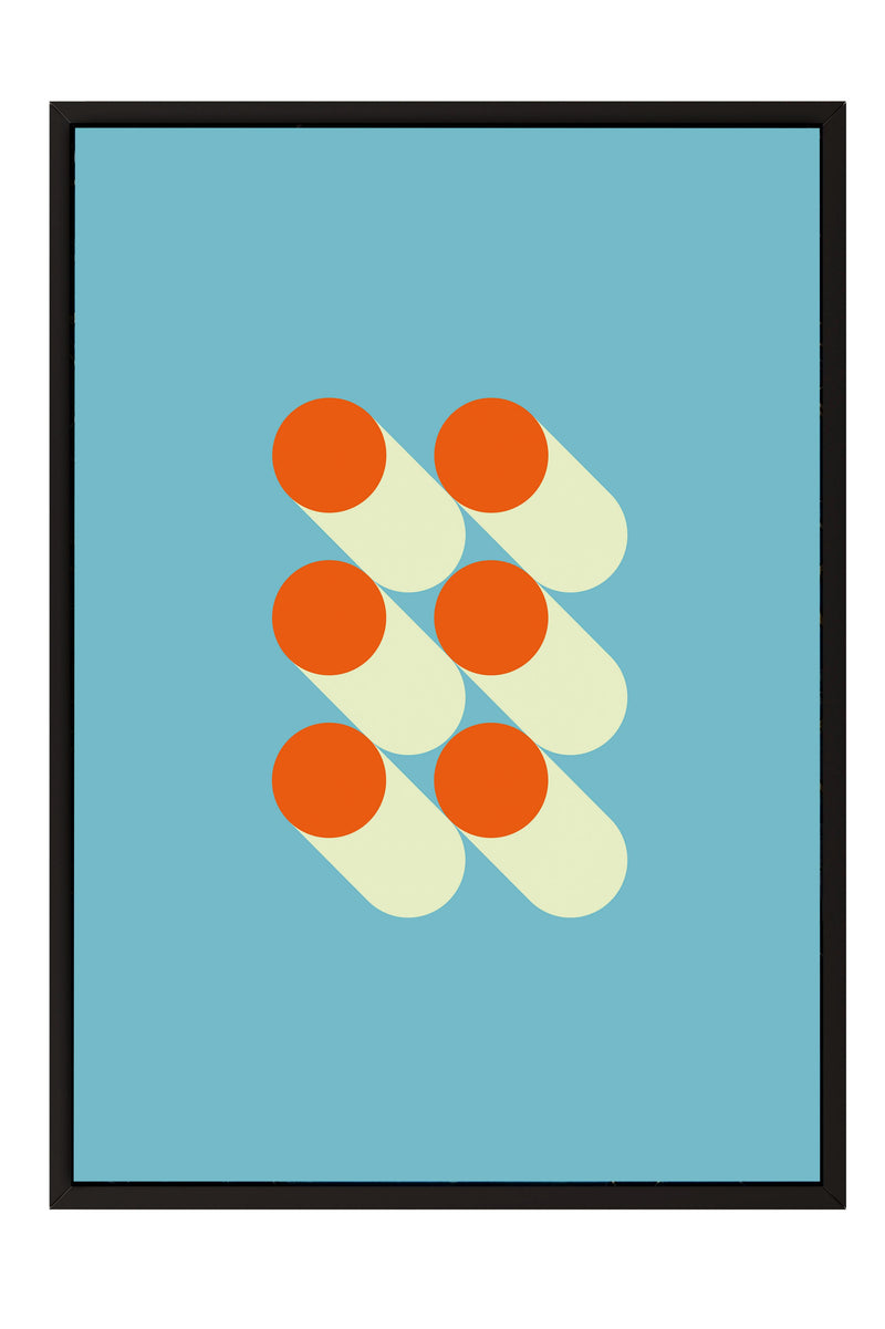 The image is a minimalist graphic design featuring a repeating pattern of orange and white circles against a blue background.