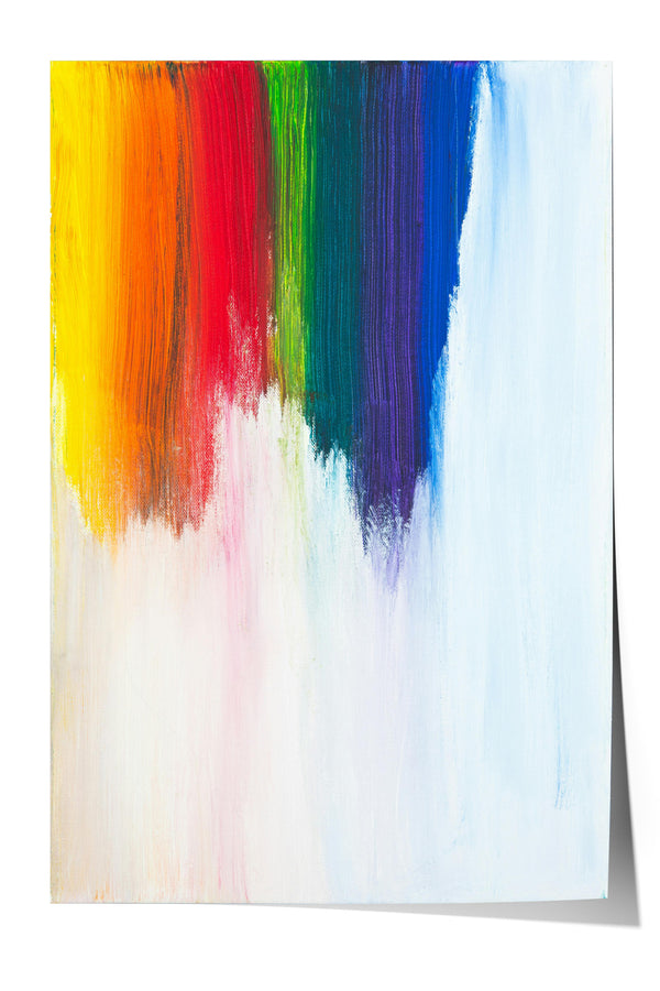 The image is a vibrant abstract painting with a rainbow-like color gradient, featuring a mix of red, orange, yellow, green, blue, purple, and pink hues.