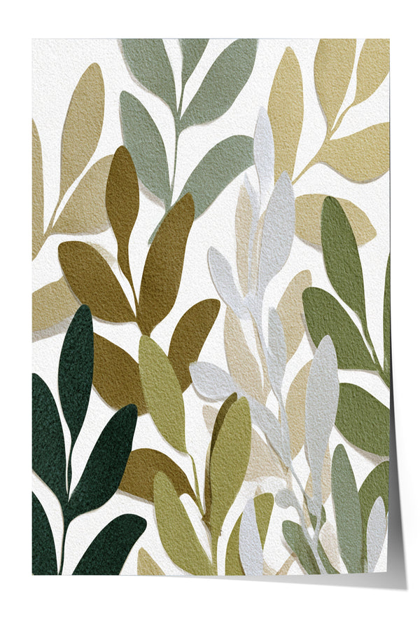 The image is a collage of various leaf shapes in different shades of green, brown, and gray, creating a visually interesting and textured composition.