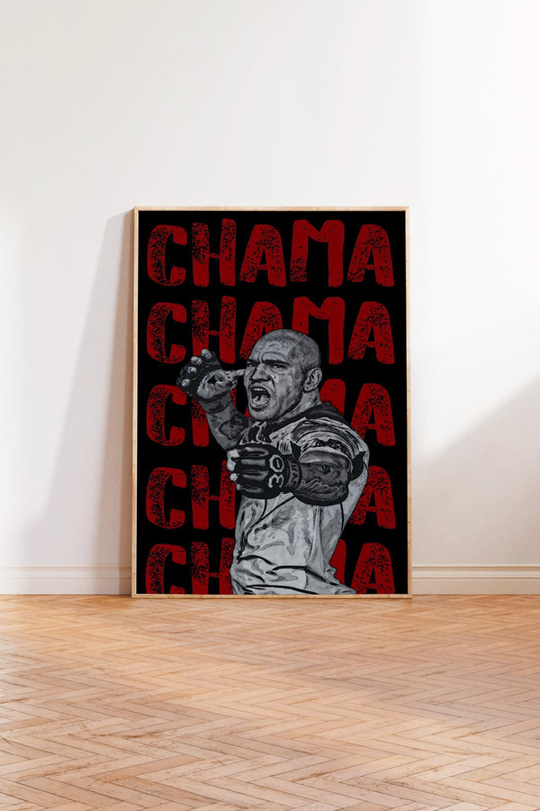 a man in a fighting stance, with the text "CHAMAS" prominently displayed in red letters behind him.