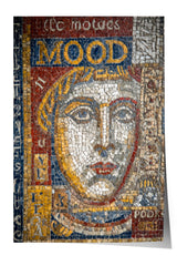 The image is a mosaic featuring a large, colorful face composed of small tiles arranged in a pattern.
