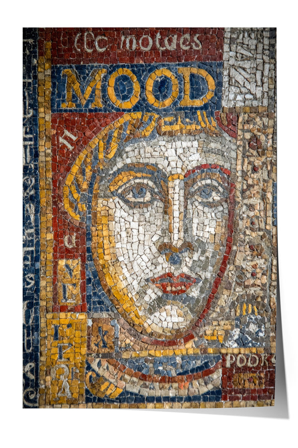 The image is a mosaic featuring a large, colorful face composed of small tiles arranged in a pattern.