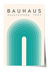 The image is a poster for Bauhaus, featuring a geometric design with a curved line and a central white arch.