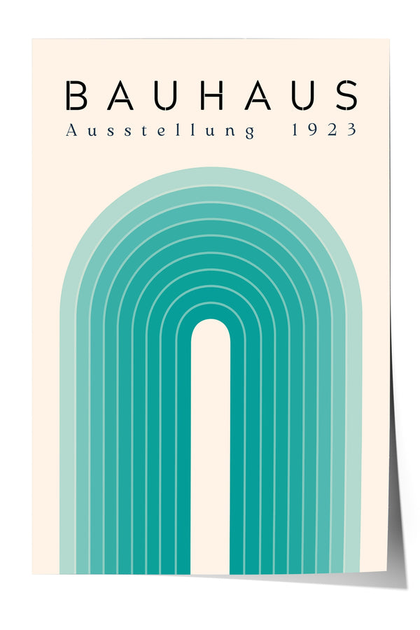 The image is a poster for Bauhaus, featuring a geometric design with a curved line and a central white arch.