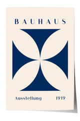 The image is a poster featuring the Bauhaus logo, which consists of a stylized cross composed of four blue circles arranged in a symmetrical pattern. The text "BAHAU" is displayed above the logo, and "AUSTELLLUNG 1919" is written below it.