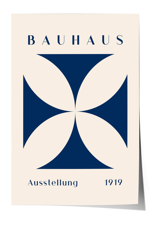 The image is a poster featuring the Bauhaus logo, which consists of a stylized cross composed of four blue circles arranged in a symmetrical pattern. The text "BAHAU" is displayed above the logo, and "AUSTELLLUNG 1919" is written below it.