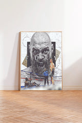 The image is a framed poster featuring a close-up of a man's face with a serious expression, surrounded by various elements such as a wrestling ring, a referee, and other figures.