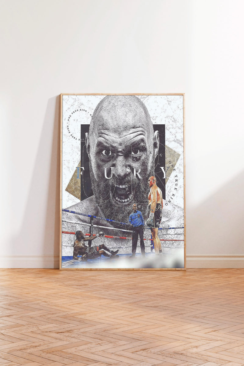 The image is a framed poster featuring a close-up of a man's face with a serious expression, surrounded by various elements such as a wrestling ring, a referee, and other figures.