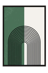 a minimalist design with a green and white color scheme, and a central black line that forms an arch-like shape.