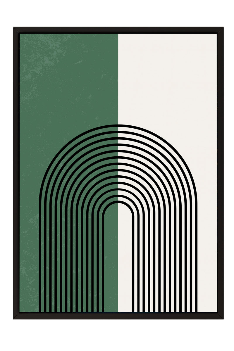 a minimalist design with a green and white color scheme, and a central black line that forms an arch-like shape.