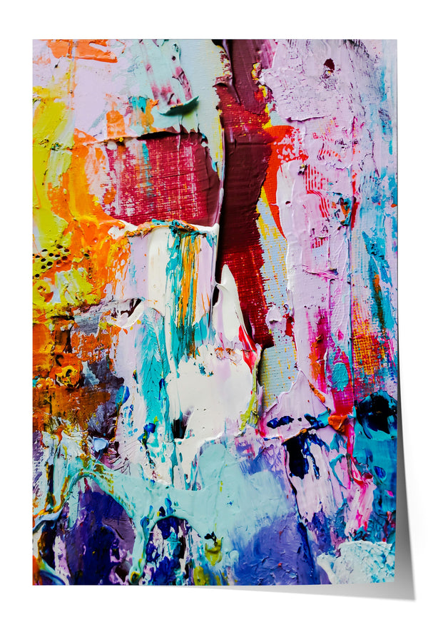 The image is a vibrant and colorful abstract painting, featuring a variety of bold brushstrokes and splatters in a range of bright colors including red, orange, yellow, blue, green, and purple. The painting appears to be a dynamic and expressive piece of art, with a sense of energy and movement captured in its composition.