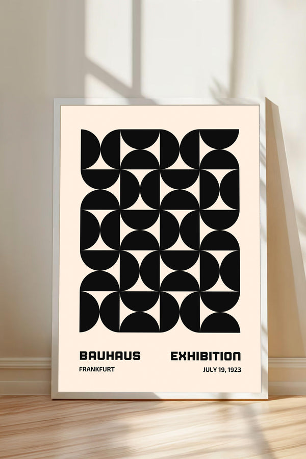 The image is a framed poster for the Bauhaus exhibition in Frankfurt, Germany, which took place from July 19, 1923.